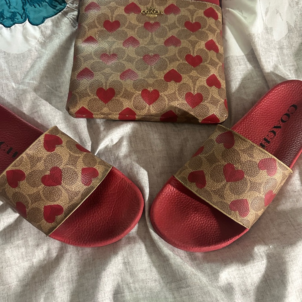 Coach Red Heart Slides and Pouch Set.
